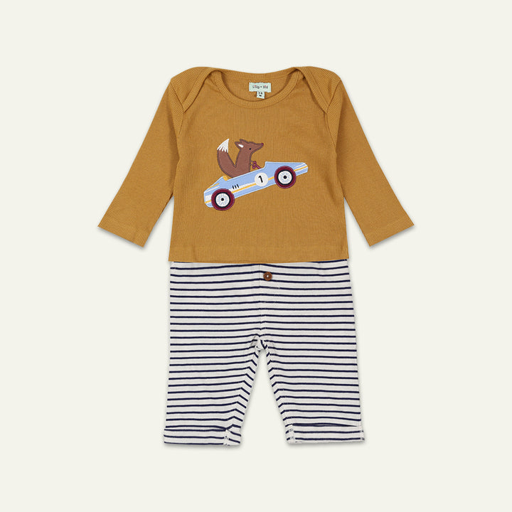 organic cotton car applique full sleeve top with stripe legging set - image 1 