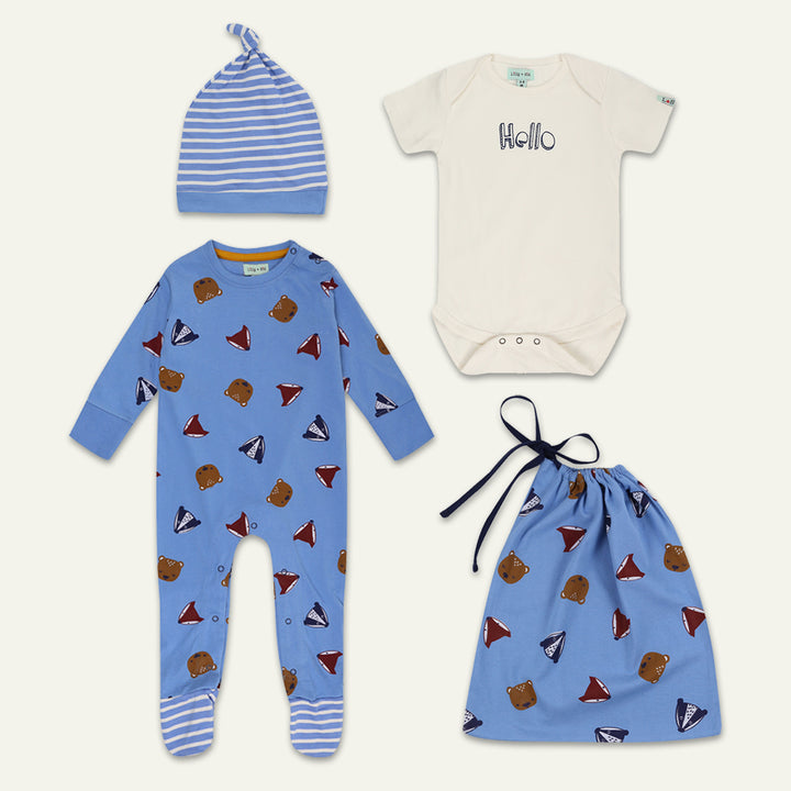 organic cotton print and stripe sleep suit, bodysuit and hat gift set - image 1