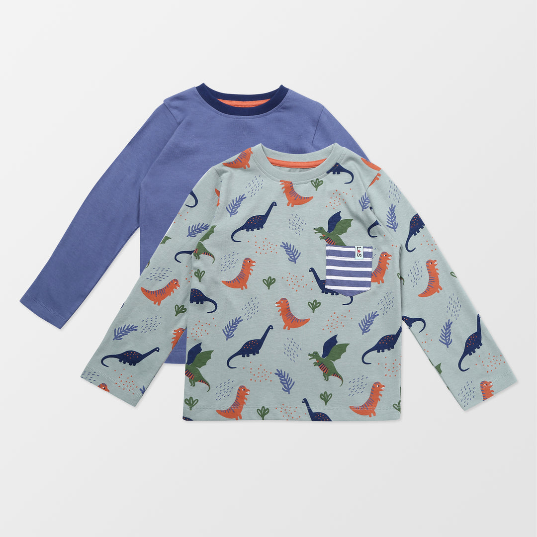 Sustainable organic cotton two pack dinosaur and plain blue top