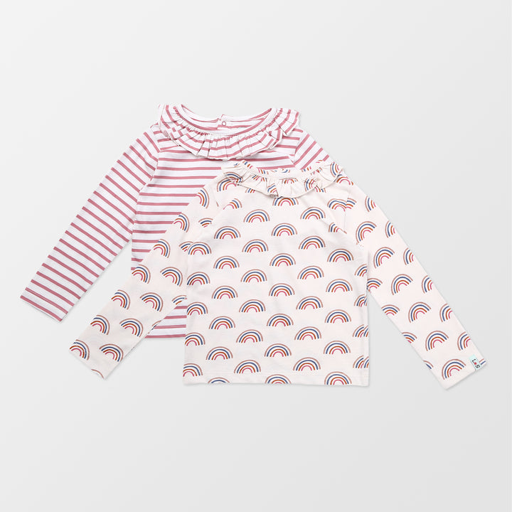 Organic cotton pink stripe and rainbow printed long-sleeve girls top - 2 pack