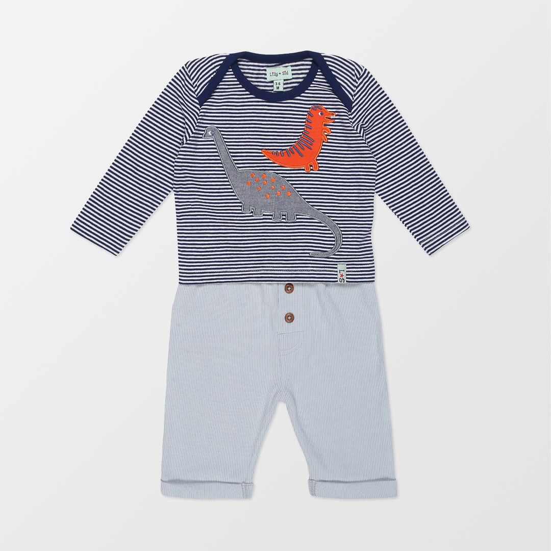 Organic cotton dinosaur stripe baby top and rib baby trousers baby set