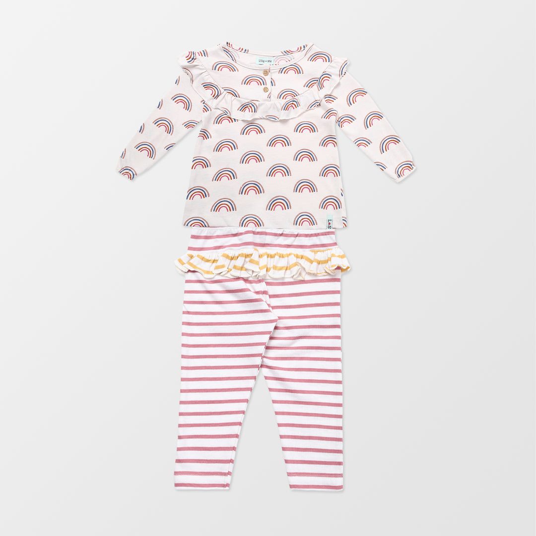 Organic cotton sustainable printed baby top and stripe baby leggings set