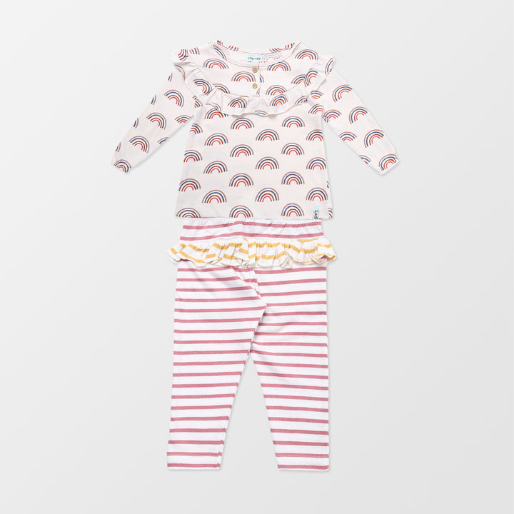Organic cotton sustainable printed baby top and stripe baby leggings set