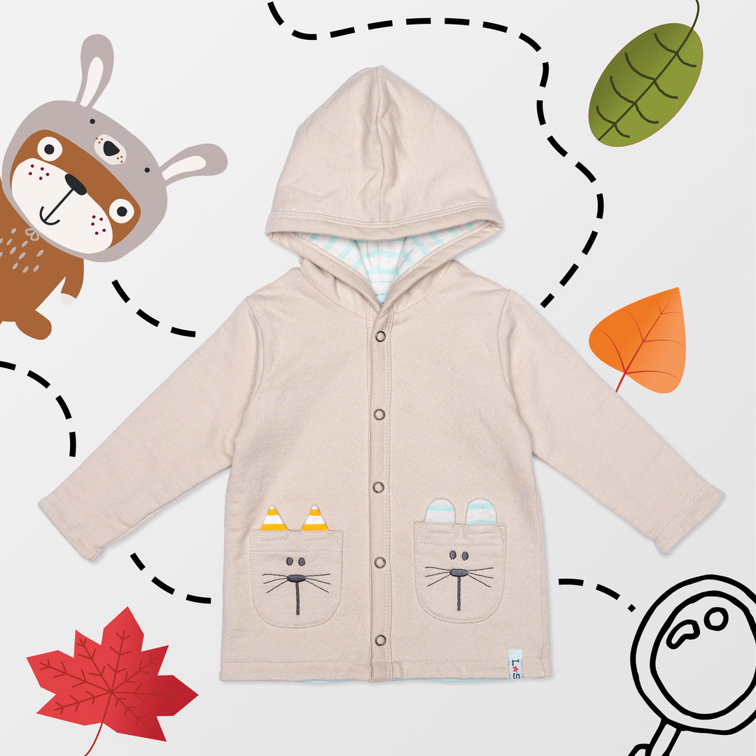 Reversible hooded jacket with animal embroidery at the front pockets