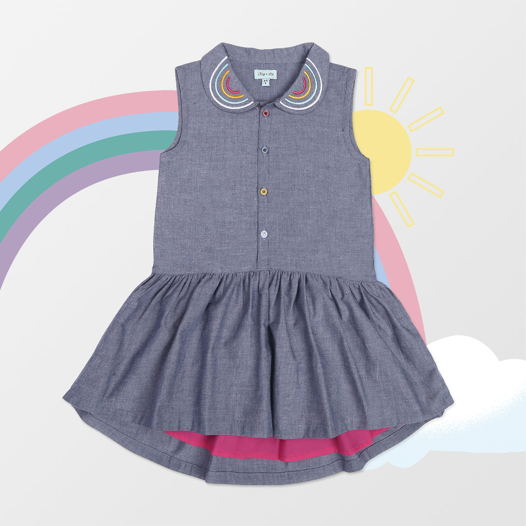 Organic denim sleeveless collar girls dress