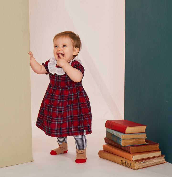 organic cotton Red Check Print Dress with frill neckline - image 4