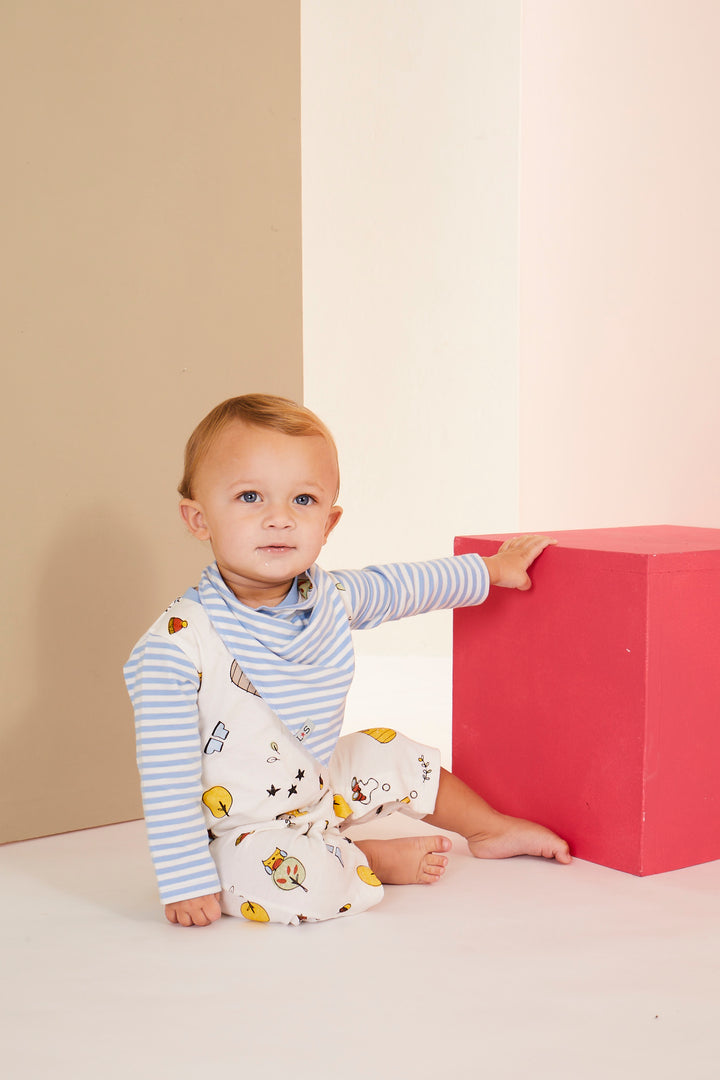 organic cotton conversational print sleeveless romper, blue stripe full sleeve top, bib and hat gift set - image 6