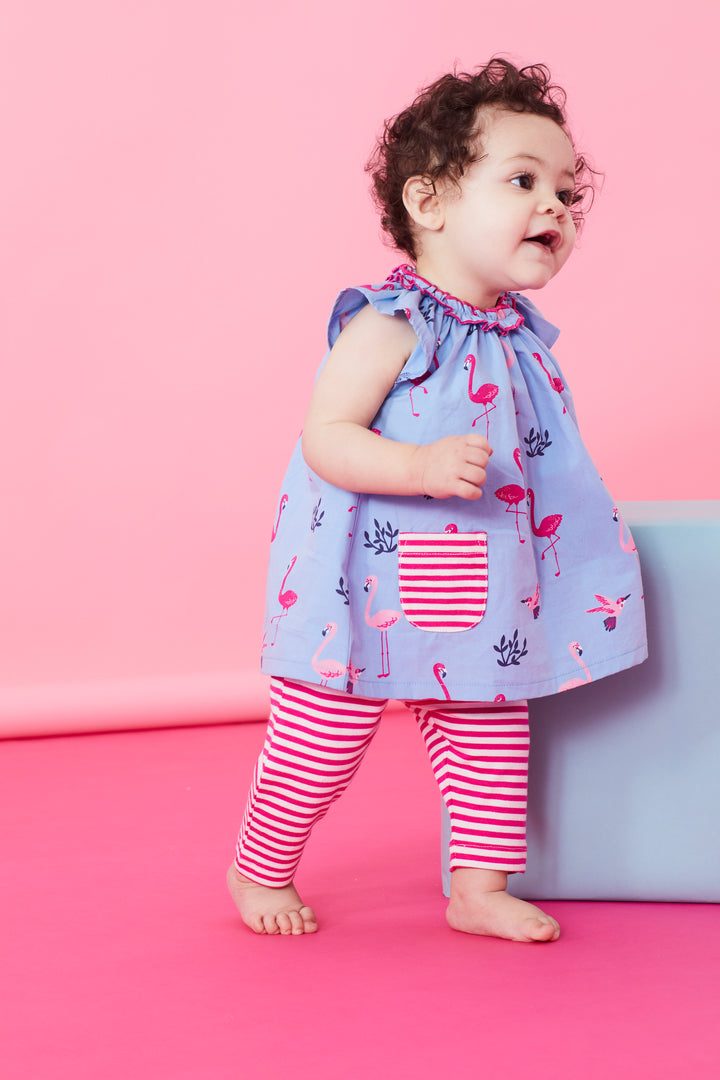 organic cotton Multicoloured Flamingo Print Dress And stripe Leggings Set - image 5