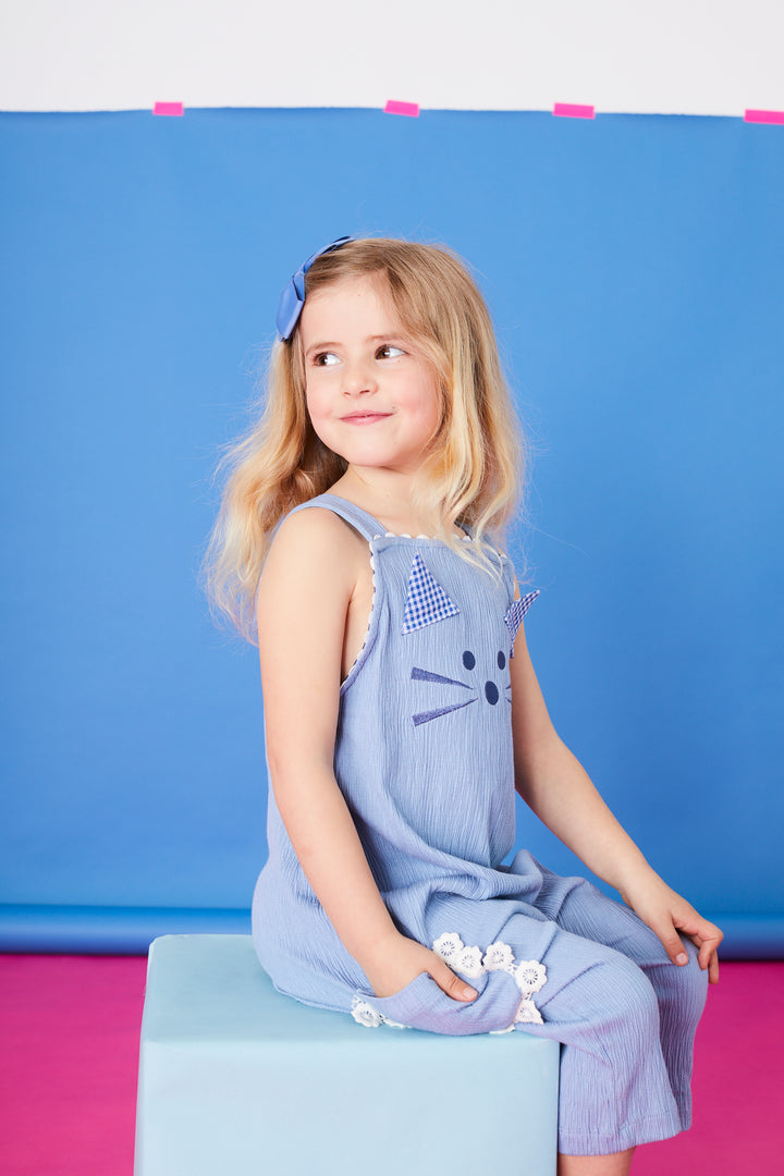organic cotton Blue Cat Applique Dungarees with frill pocket - image 5