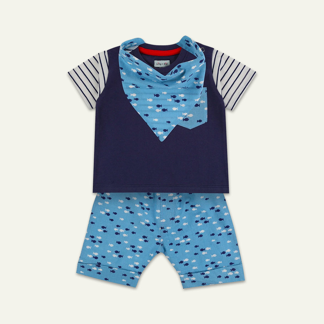 organic cotton 3 piece stripe short sleeve top, bib and fish print short set - image 1