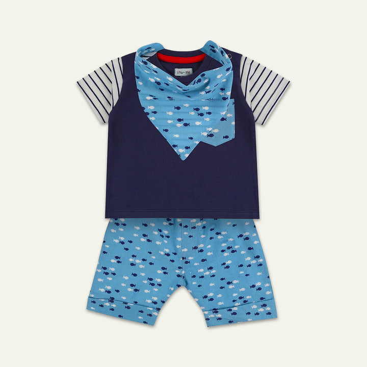 organic cotton 3 piece stripe short sleeve top, bib and fish print short set - image 1