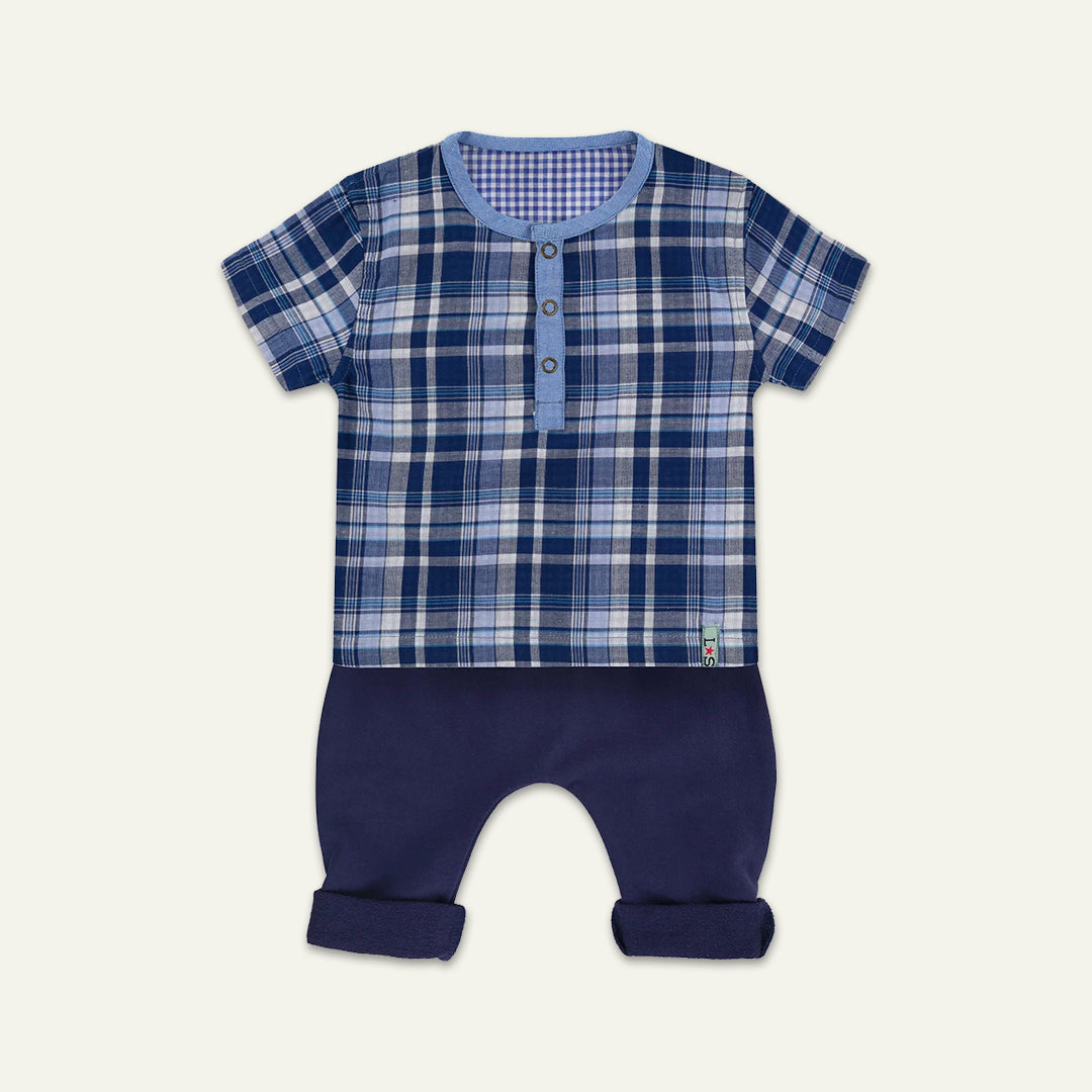 organic cotton reversible check short sleeve top and bear set - image 1 