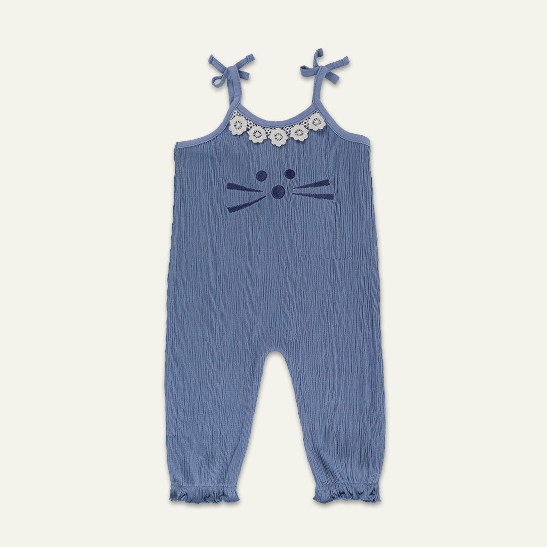 organic cotton Blue Cat Print dungaree with floral lace in the neckline - image 1