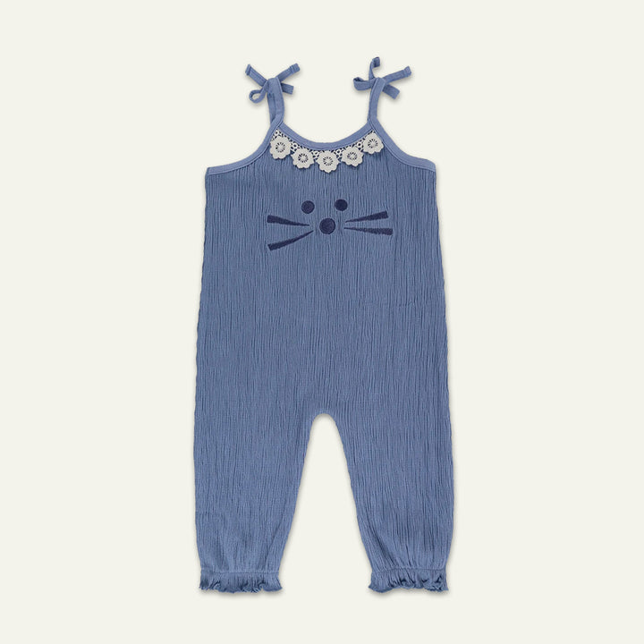 organic cotton Blue Cat Print dungaree with floral lace in the neckline - image 1