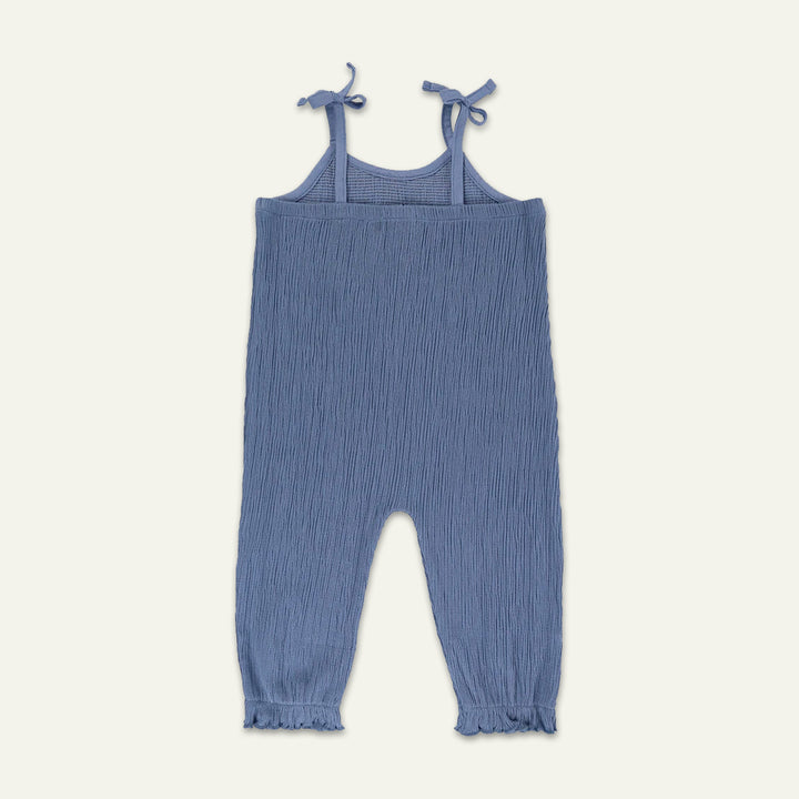 organic cotton Blue Cat Print dungaree with floral lace in the neckline - image 2