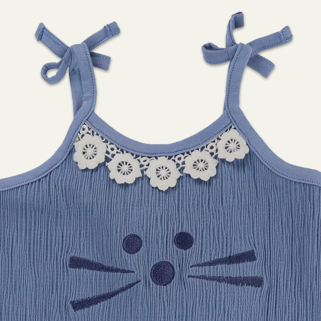 organic cotton Blue Cat Print dungaree with floral lace in the neckline - image 3