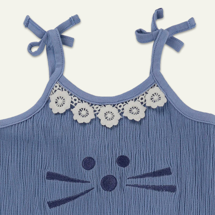 organic cotton Blue Cat Print dungaree with floral lace in the neckline - image 3