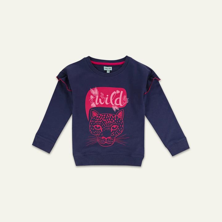 organic cotton Navy Wild cat Slogan Sweatshirt with frill sleeves - image 1