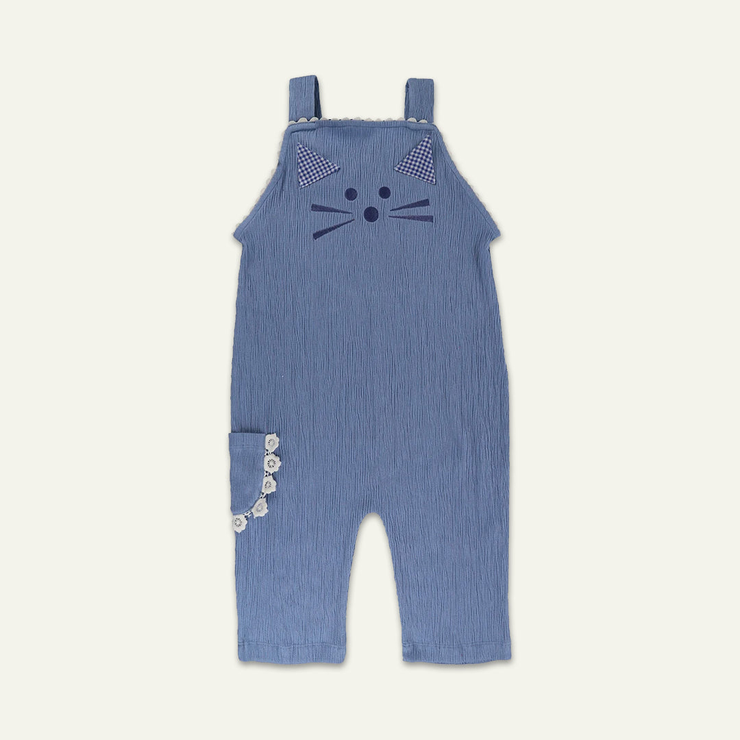 organic cotton Blue Cat Applique Dungarees with frill pocket - image 1