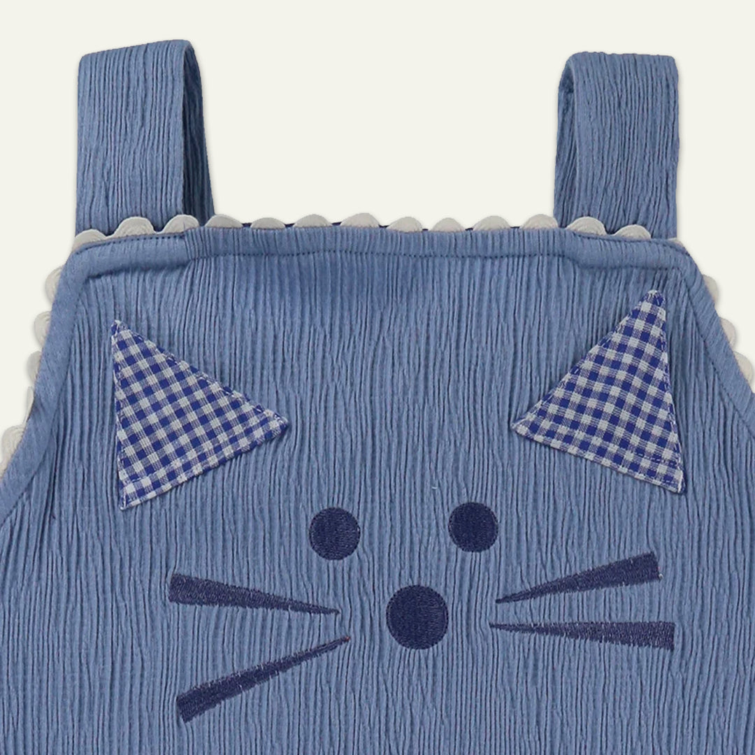 organic cotton Blue Cat Applique Dungarees with frill pocket - image 3