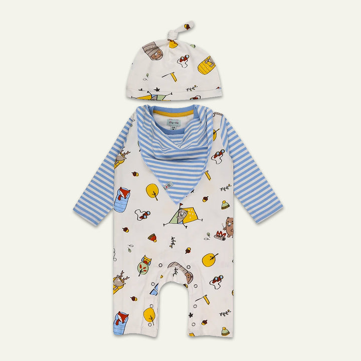 organic cotton conversational print sleeveless romper, blue stripe full sleeve top, bib and hat gift set - image 1