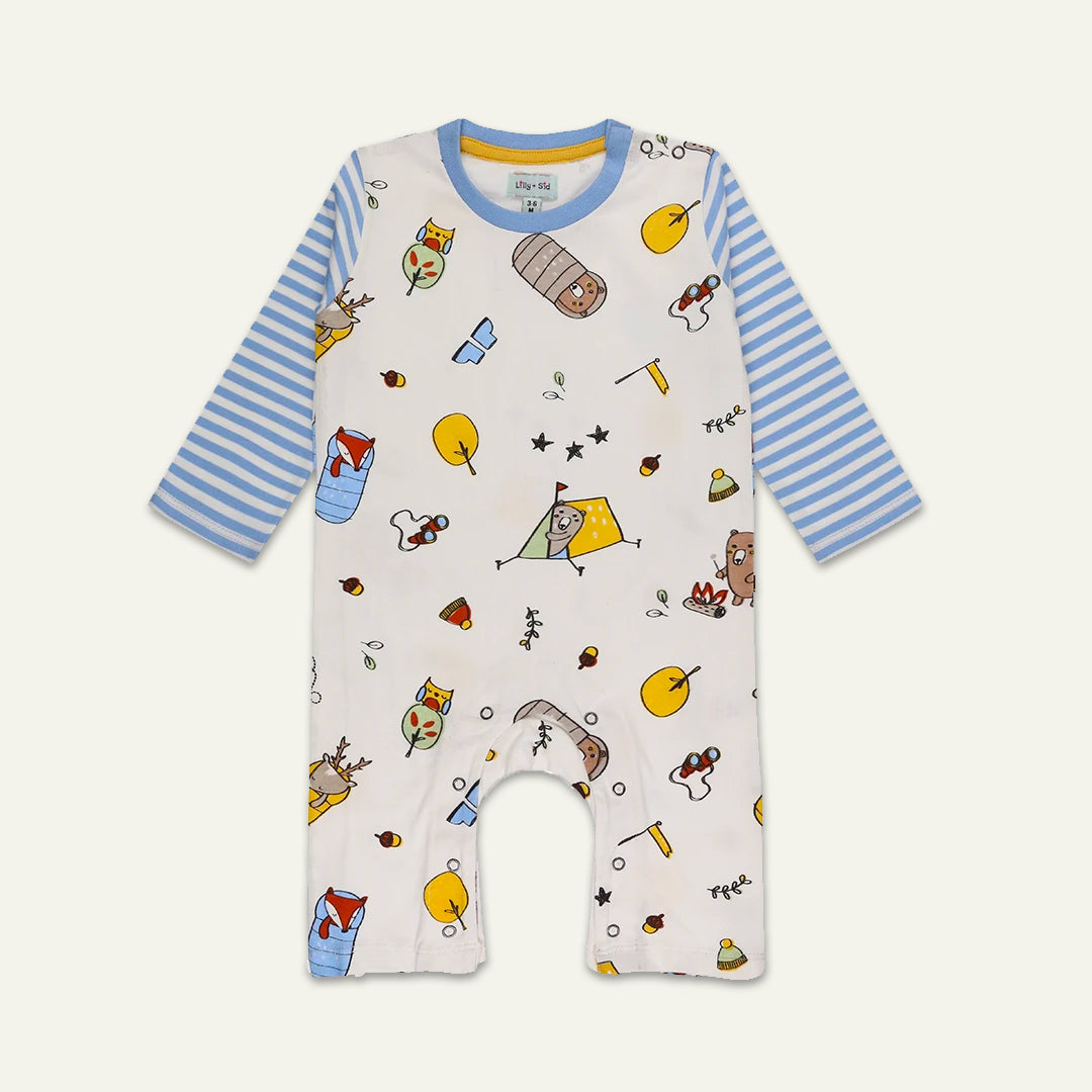 organic cotton conversational print sleeveless romper, blue stripe full sleeve top, bib and hat gift set - image 2
