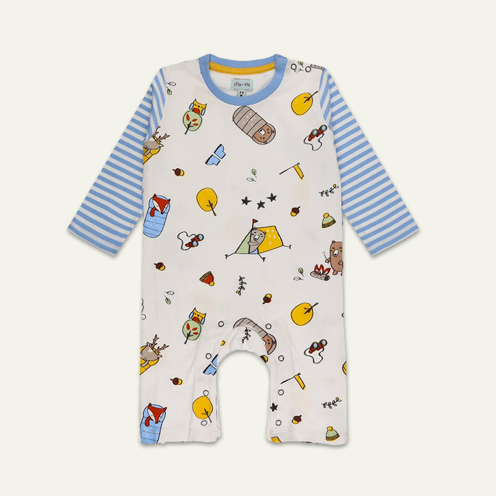 organic cotton conversational print sleeveless romper, blue stripe full sleeve top, bib and hat gift set - image 2