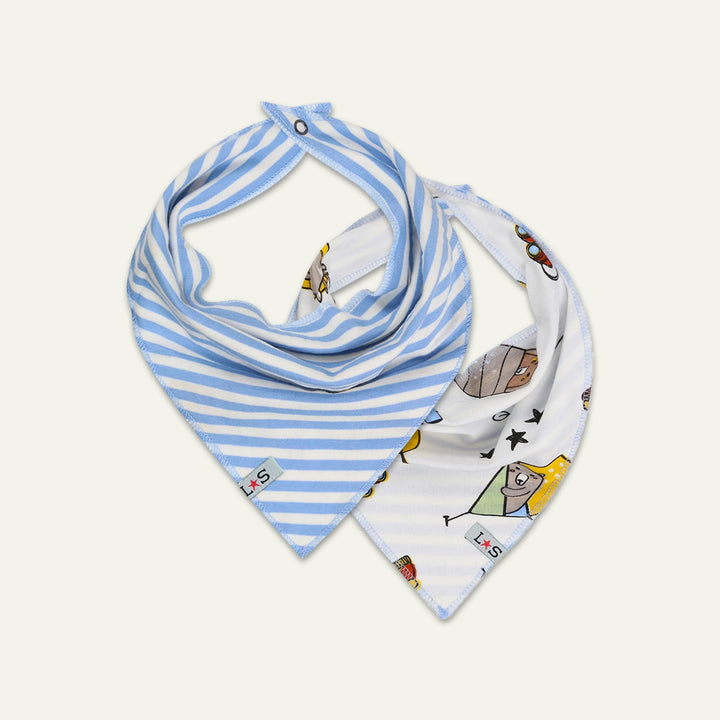 organic cotton conversational print sleeveless romper, blue stripe full sleeve top, bib and hat gift set - image 3