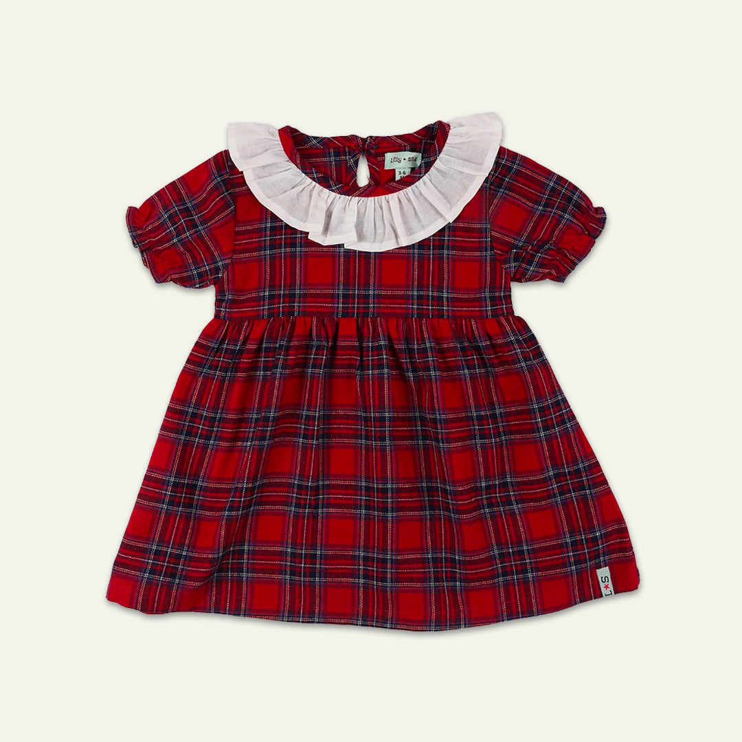 organic cotton Red Check Print Dress with frill neckline - image 1