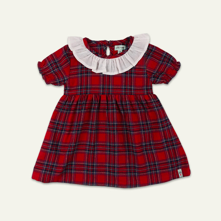 organic cotton Red Check Print Dress with frill neckline - image 1