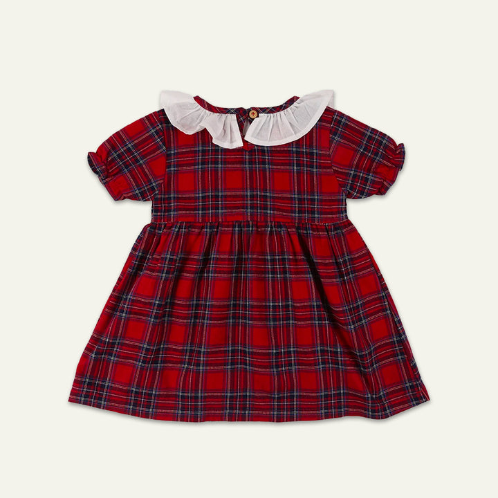 organic cotton Red Check Print Dress with frill neckline - image 2