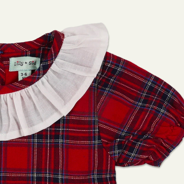 organic cotton Red Check Print Dress with frill neckline - image 3